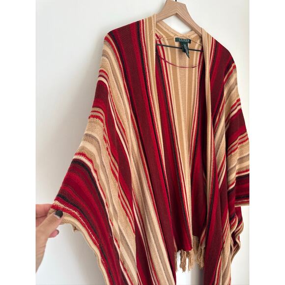 Lauren by Ralph Lauren VINTAGE Fringe Poncho Wrap in Red & Tan L/XL - Picture 4 of 7